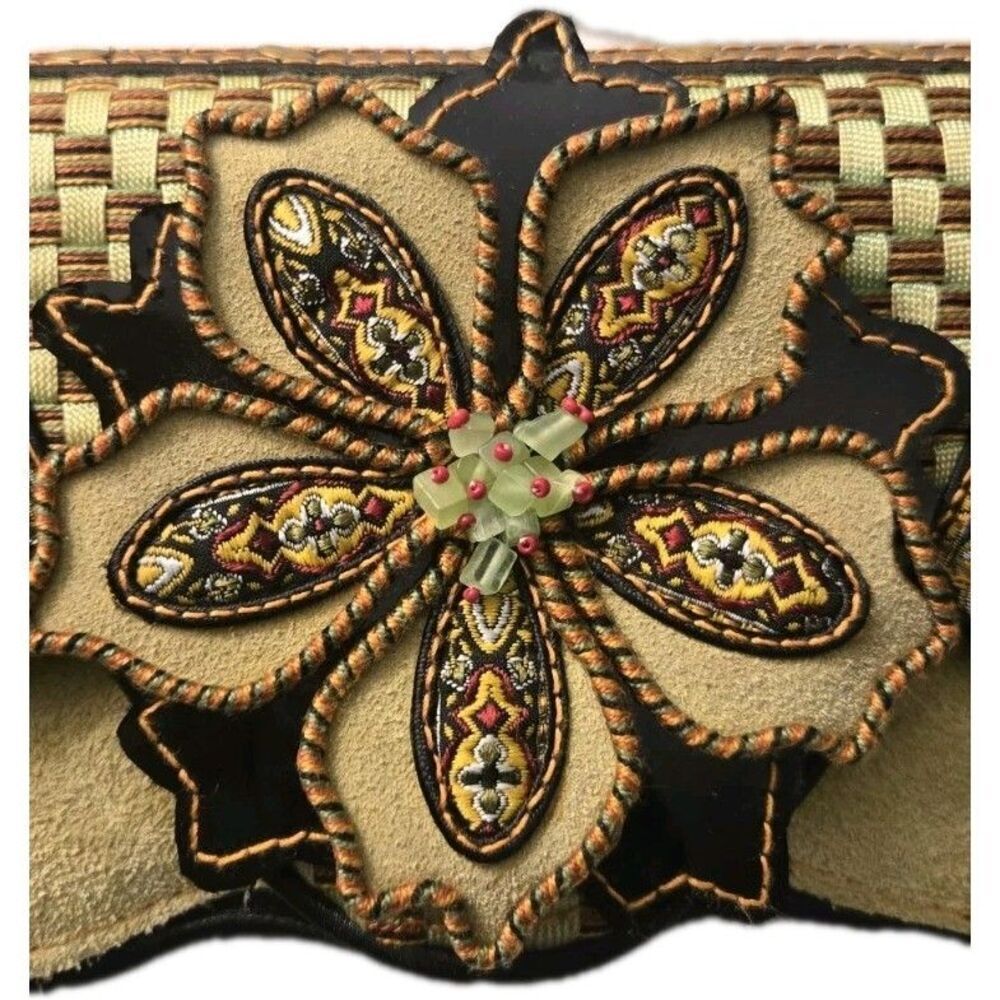 Vintage Mary Frances Suede Bag Clutch Chartreuse Brown Floral Beaded Checkered - Picture 2 of 14